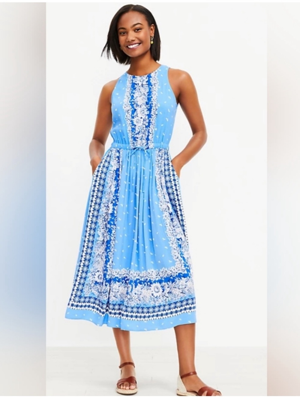 LOFT Blue Floral Back Cutout Tank Midi Dress - Size M